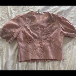 Zara Mauve Crop top button up blouse with lace detail - size small